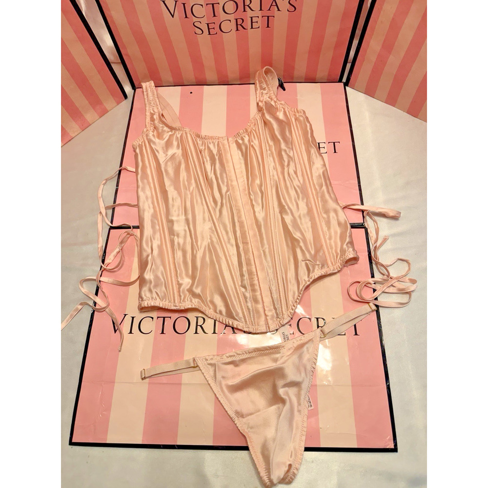 Victorias Secret Silk Corset Lace Up & Thong Pale Pink Beautiful Medium - Picture 3 of 6